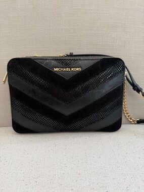 Michael Kors Black Chevron Mixed-Texture Crossbody